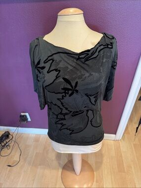Black Floral Burnout Short-Sleeve Blouse